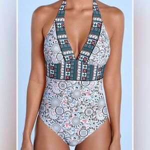 VENUS Teal and bright orange Patterned Halter Swimsuit